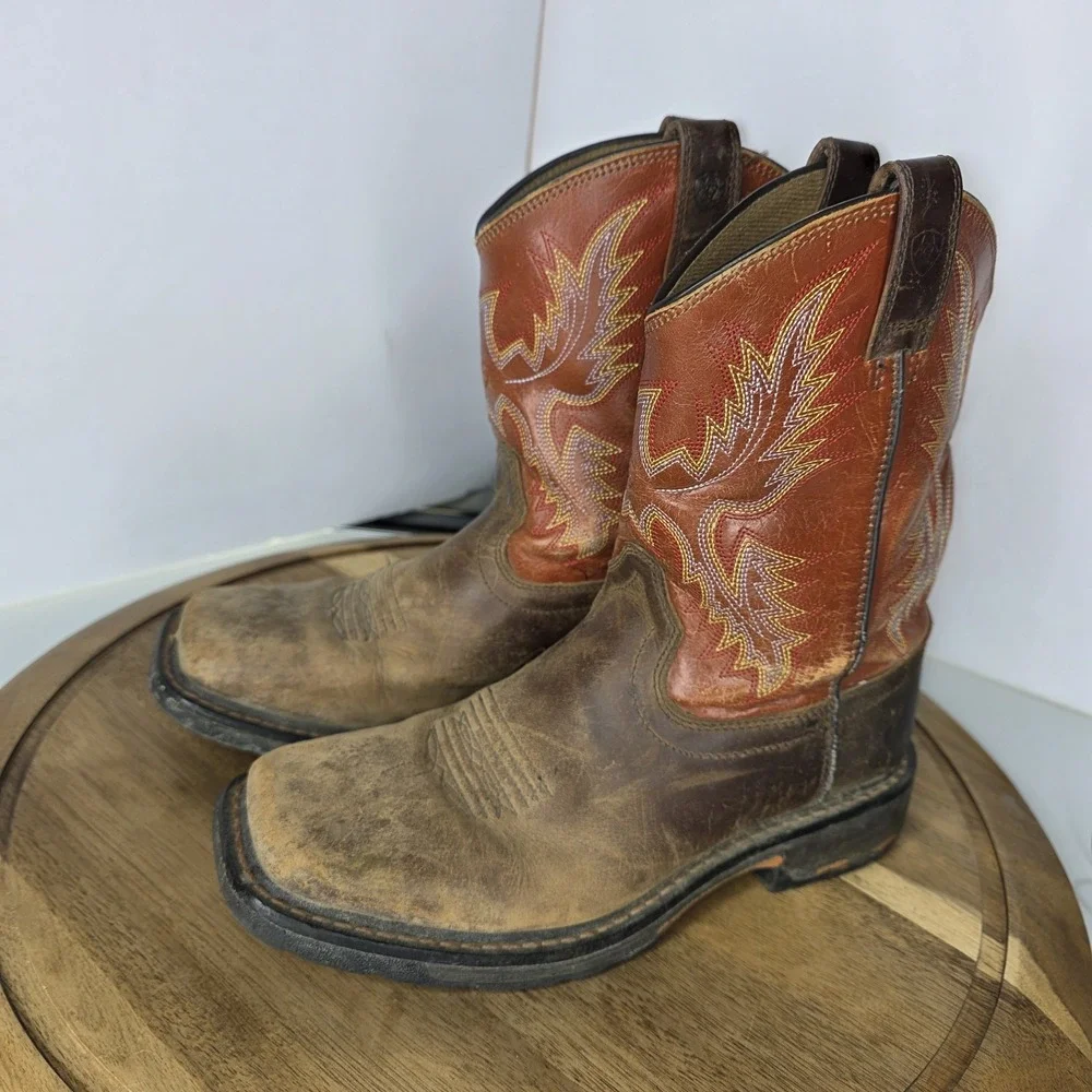 Ariat WorkHog Western Kids 4.5 Eur 36 Cowboy Boots Square Toe Orange Brown